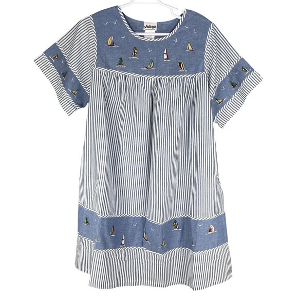 National Women 2X Chambray Striped Nautical Embroidery Dress Costal Beachy Artsy - Picture 8 of 15